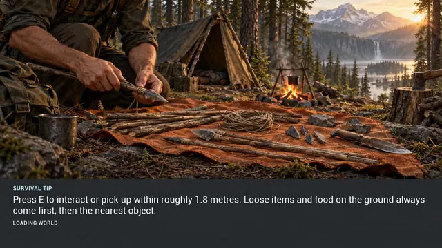 Minus Zero loading-screen illustration for: Press E to interact or pick up within roughly 1.8 metres. Loose items and food on the ground always come first, then the nearest object.