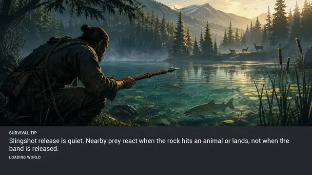 Minus Zero loading-screen illustration for: Slingshot release is quiet. Nearby prey react when the rock hits an animal or lands, not when the band is released.
