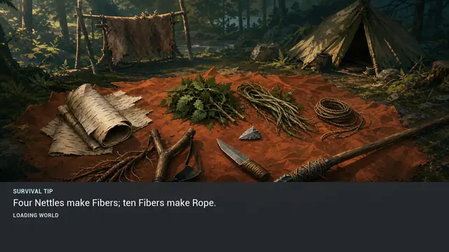 Minus Zero loading-screen illustration for: Four Nettles make Fibers; ten Fibers make Rope.